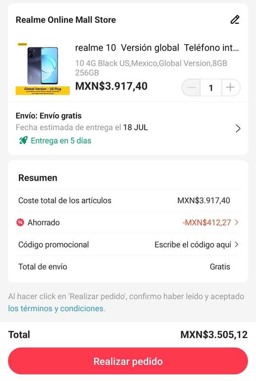 Aliexpress: Realme 10 4G (8GB 256GB), envio desde México.