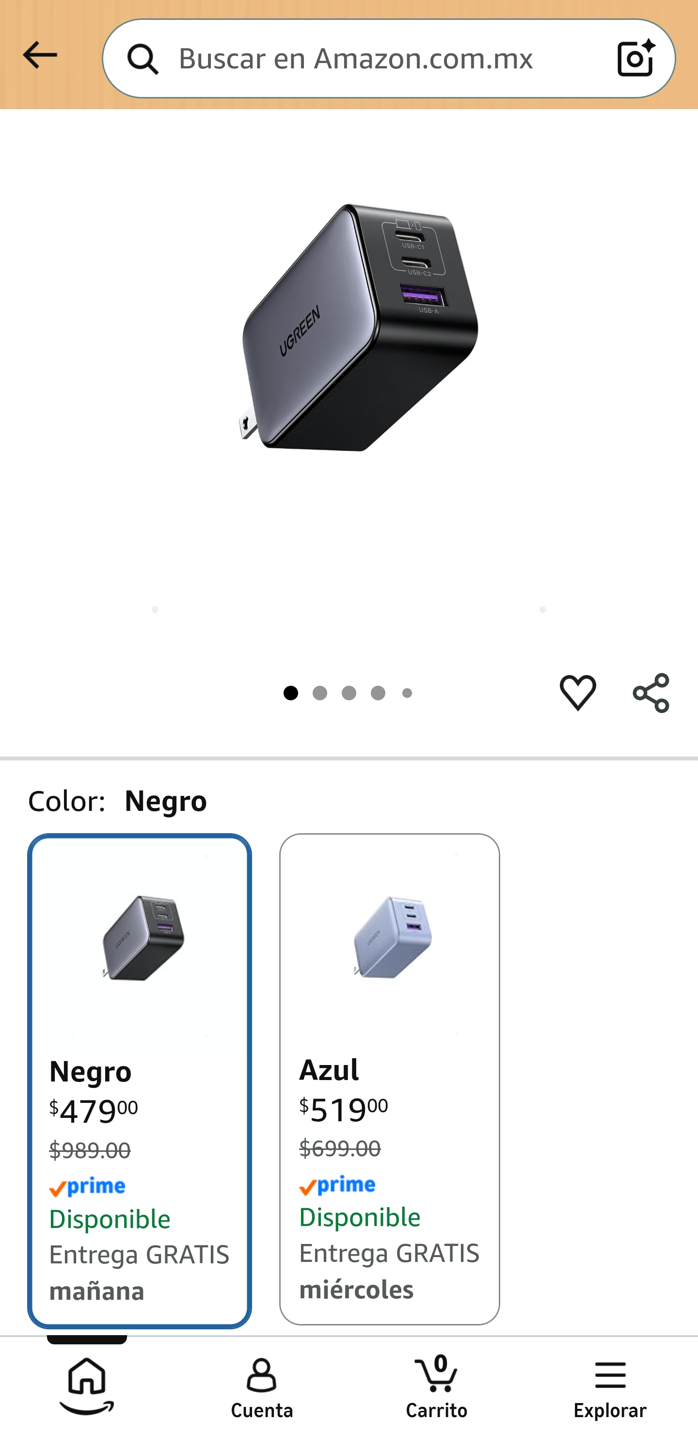 Amazon: Cargador Ugreen 65 Watts color negro