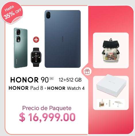 HONOR - Paquete HONOR 90 (12GB + 512GB) + HONOR Pad 8 + Honor Watch 4 + REGALOS (Puede bajar más solicitando cupón)