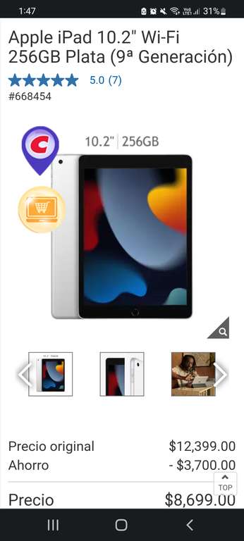 Costco: Apple iPad 10.2" Wi-Fi 256GB Plata (9ª Generación) con cupon paypal
