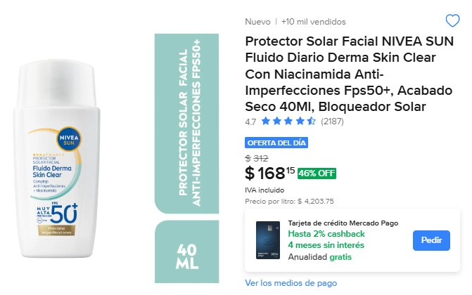 Mercado Libre: Protector Solar Facial NIVEA SUN Fluido Diario Derma Skin Clear Con Niacinamida Anti-Imperfecciones Fps50+, Acabado Seco 40Ml
