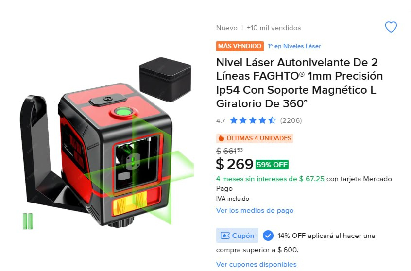 Mercado Libre: Nivel Láser Autonivelante De 2 Líneas FAGHTO 1mm Precisión Ip54 Con Soporte Magnético L Giratorio De 360°