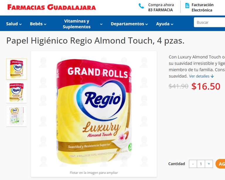 Farmacias Guadalajara: Papel higiénico Regio Luxury Almond XXL 4 rollos a 16 pesitos!