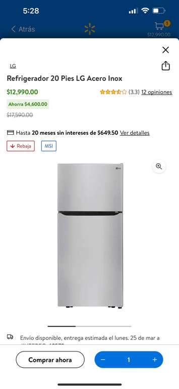 Walmart: Refrigerador LG 20 pies BBVA a 12 MSI