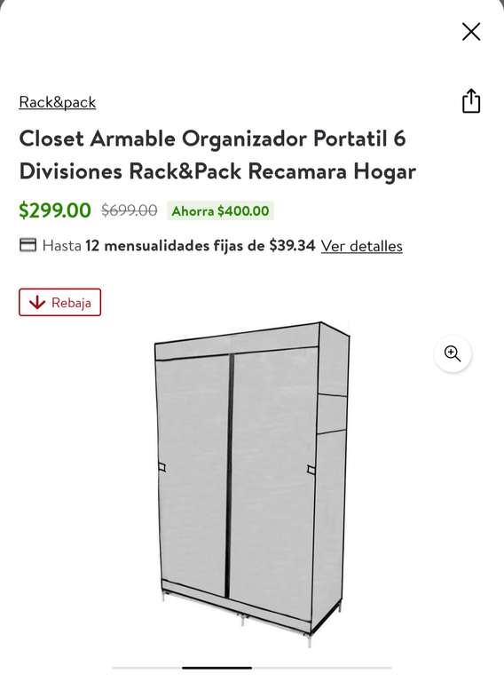 Walmart: Closet armable organizador portátil 6 divisiones