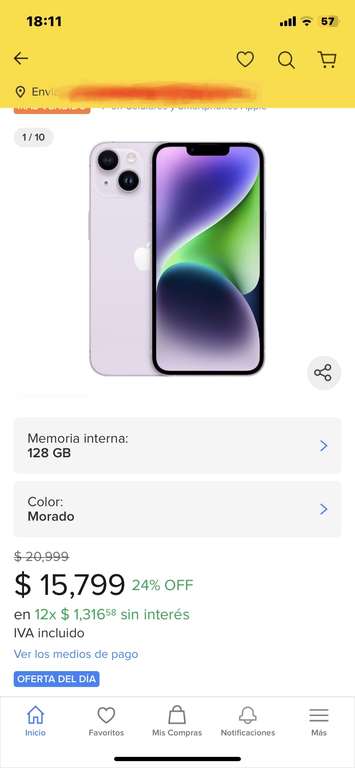 Mercado Libre: Apple iPhone 14 (128 GB) - Morado