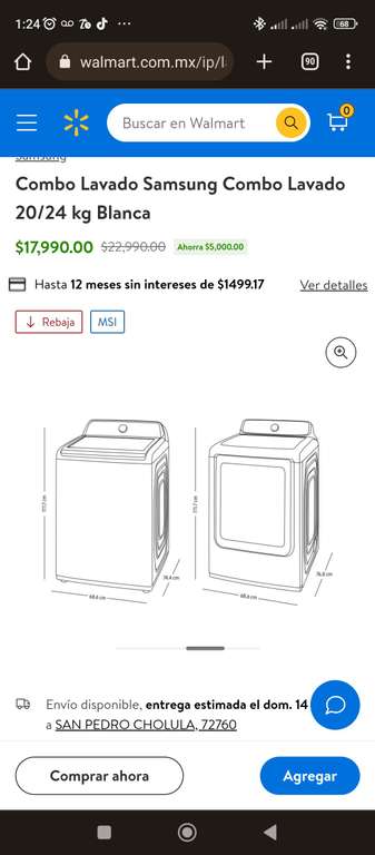 Walmart lavadora y secadora Samsung 20 y 24 kg