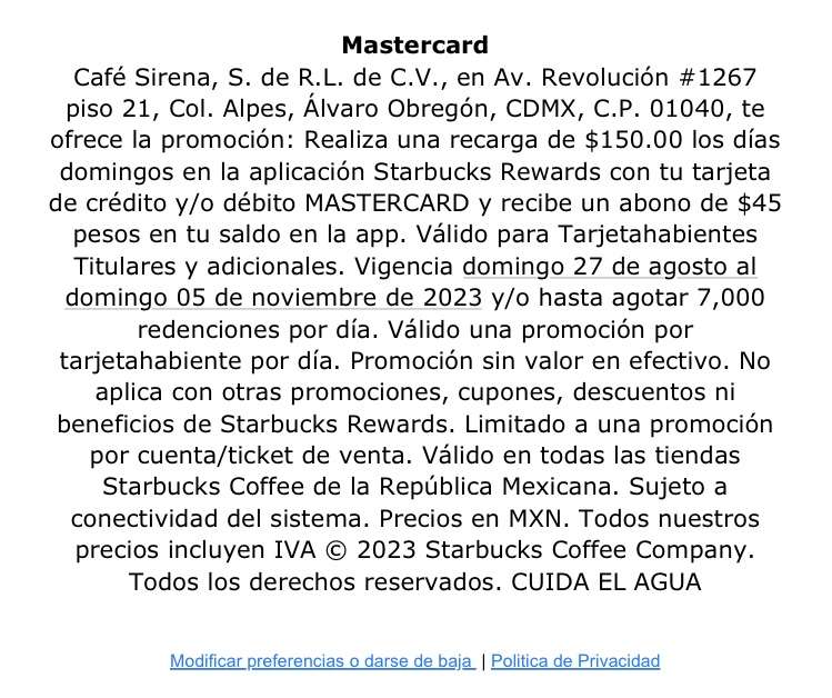 Starbucks: Recarga $150 o mas con tu tarjeta mastercard los domingos y recibe 30% adicional