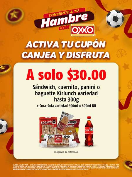OXXO: Sándwich,cuernito,p@nini o baguette + Coca-Cola 500ml o 600ml.