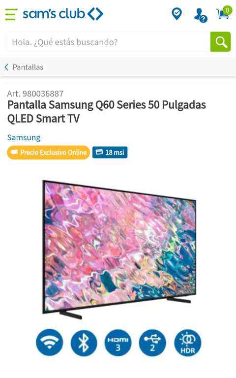Sam's Club: Pantalla Samsung Q60 Series 50 Pulgadas QLED Smart TV