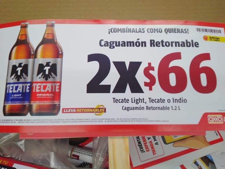 OXXO 40 CUARTITOS TECATE A 200, 2 ABSOLUT 750ML POR 289 Y MÁS