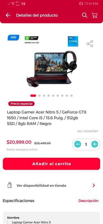 Office Depot: Laptop Gamer Acer Nitro 5 / GeForce GTX 1650 / Intel Core i5