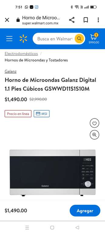 Walmart: Horno de Microondas Galanz Digital 1.1 Pies Cúbicos GSWWD11S1S10M