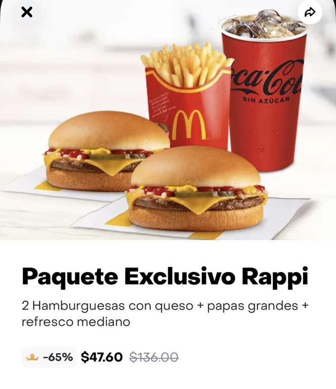 Rappi: McDonald’s 2 Hamburguesas con queso + Papas Grandes + Refresco Mediano