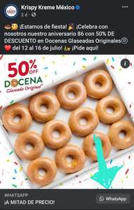 Krispy Kream 50% docena glaseada original o fresa pidiendo por WhatsApp (15 y 16 jul)