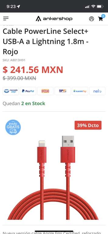 Ankershop: Cable PowerLine Select+ USB-A a Lightning 1.8m - Rojo