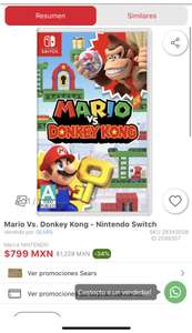 Sears: Mario Vs. Donkey Kong - Nintendo Switch ($719 con revolvente Sears)