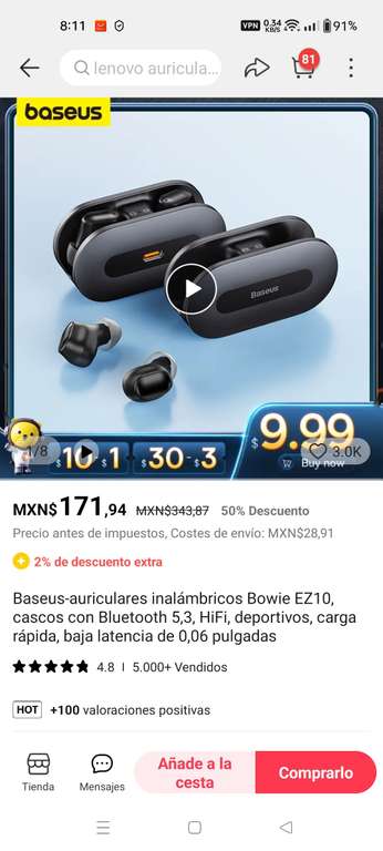 AliExpress: Baseus-auriculares inalámbricos Bowie EZ10