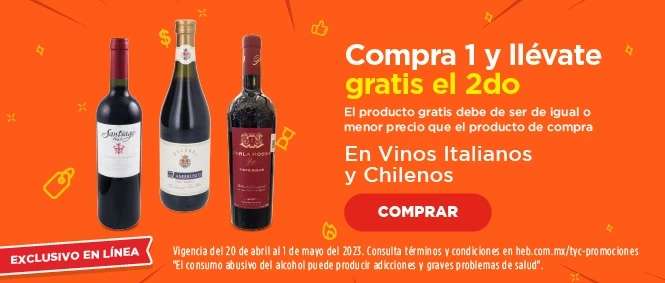 HEB en linea: Vinos chilenos/italianos compra 1 y llevate gratis el 2do