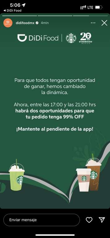 DiDi Food [Starbucks]: Ahora, entre las 17:00 y las 21:00 habrá dos oportunidades para el 99% OFF