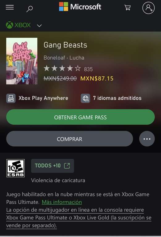 XBOX | Descuento de 65% Gang beasts para consola Xbox series X/S y one