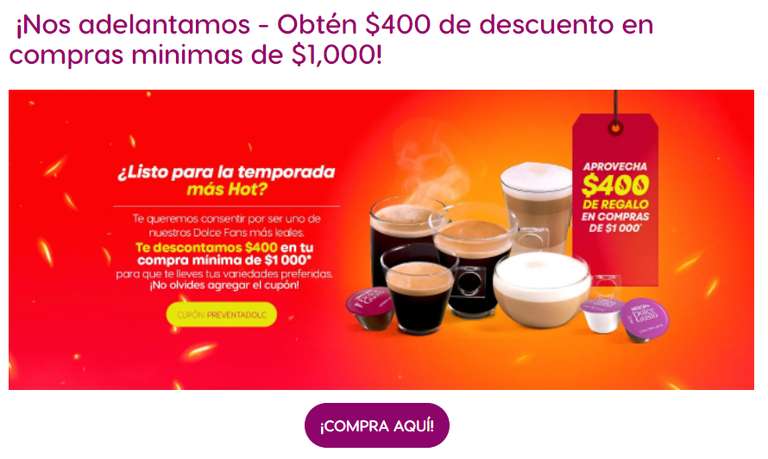 DOLCE GUSTO: (CUPON) Obtén $400 de descuento en compras mínimas de $1,000 -  promodescuentos.com