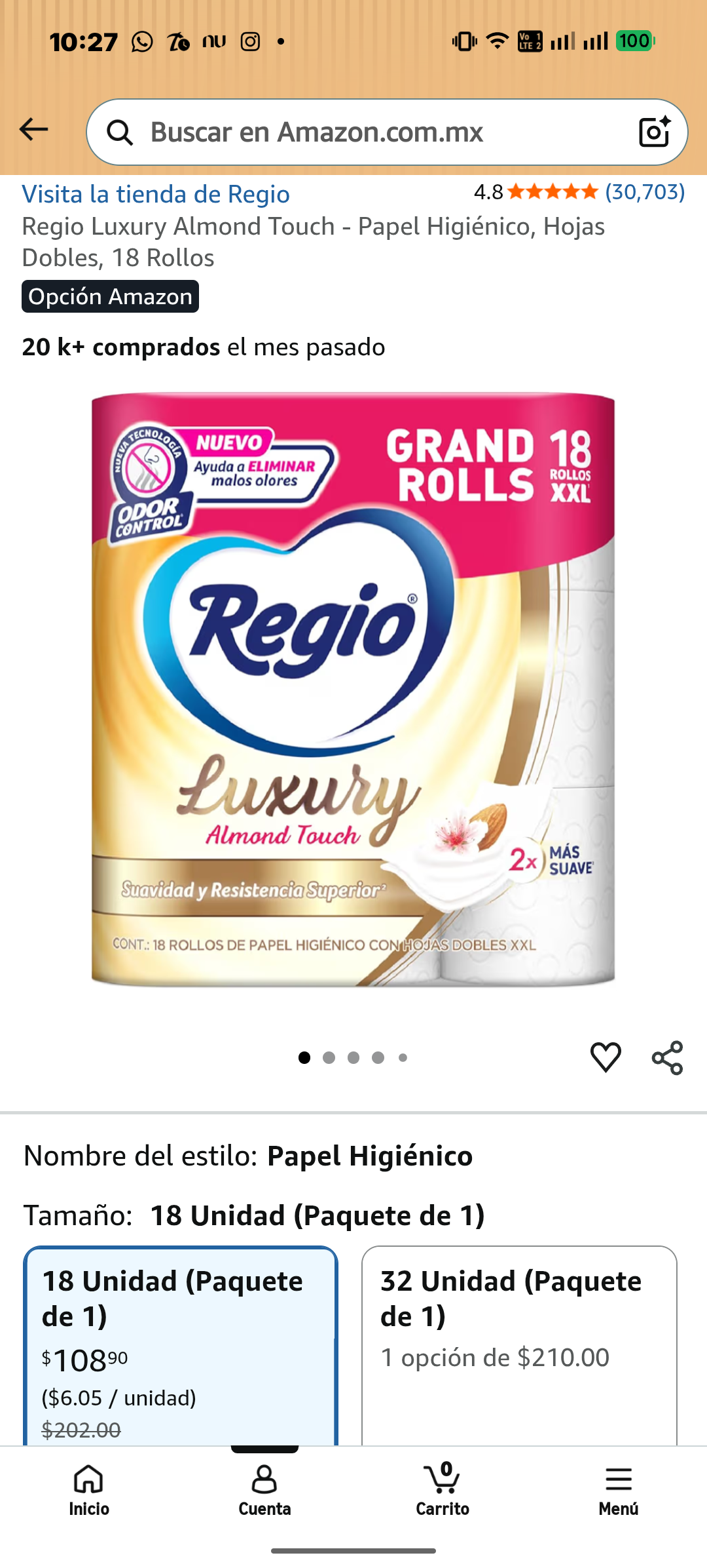 Amazon: Regio Luxury Almond Touch - Papel Higiénico, Hojas Dobles, 18 Rollos | Planea y Ahorra