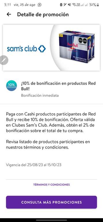 Cashi/Sam's Club: 10% de bonificación en productos RED BULL pagando con Cashi