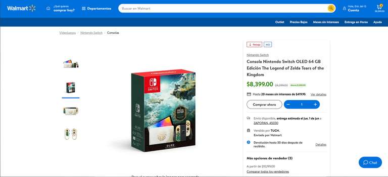 Walmart: Consola Nintendo Switch OLED 64 GB Edición The Legend of Zelda Tears of the Kingdom