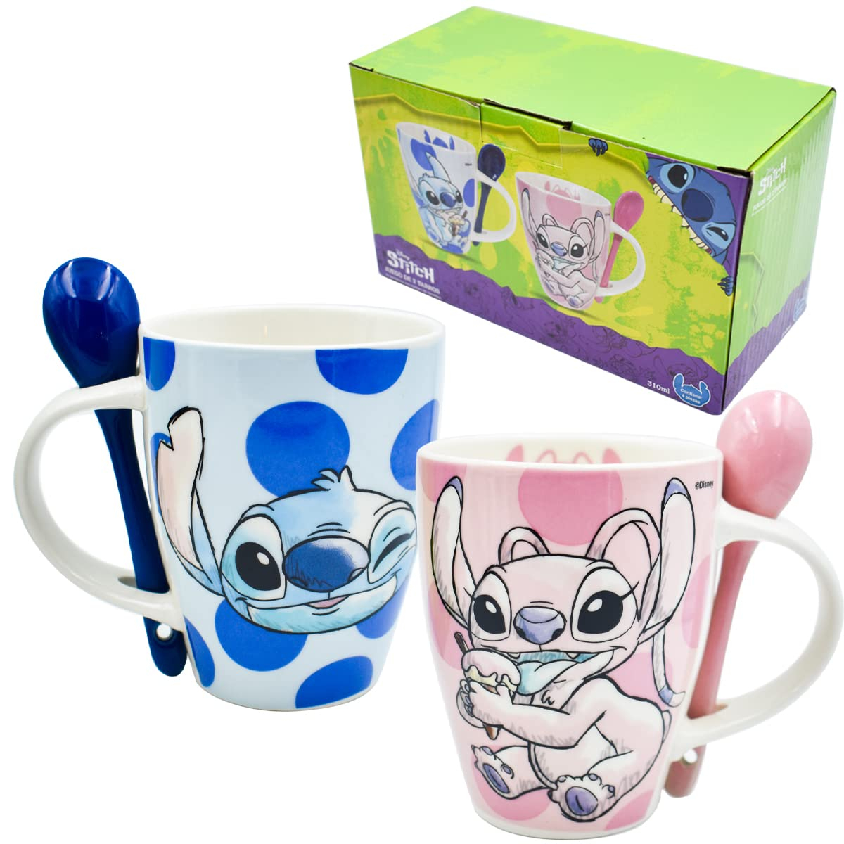 Amazon: Fun Kids - Set de Tazas para Pareja, Taza, Disney con Diseño Original Stitch y Angel con Cuchara, Caja de Regalo de 410 ml