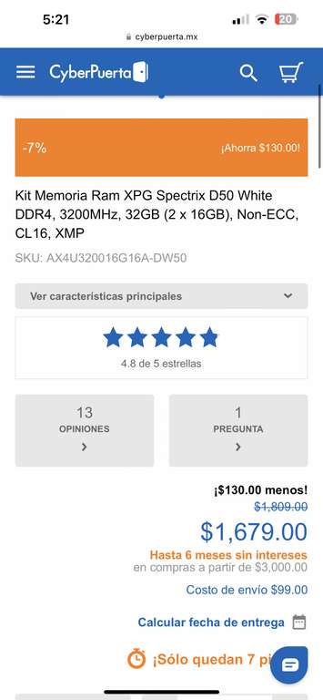 CyberBaccon: Kit Memoria Ram 32 GB (2x16GB) XPG Spectrix D50 White DDR4, 3200MHz, CL16