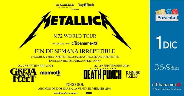 Ticketmaster: Metallica Regresa a México! Código Preventa Fans| Preventa Citibanamex 1° Diciembre