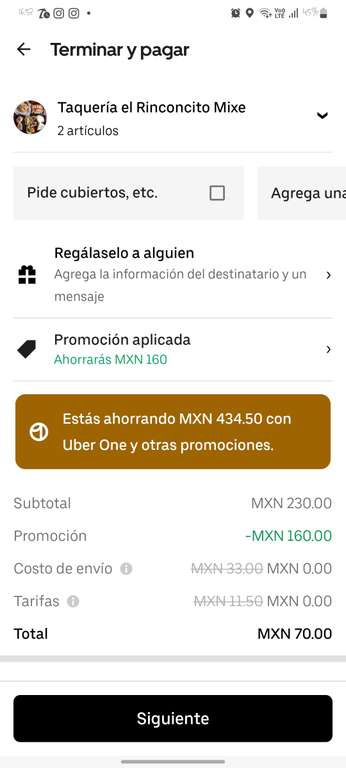 Uber Eats (siendo member one): Taquería el Rinconcito Mixe 20 tacos de pastor por 70 pesos | $160 OFF + 2x1