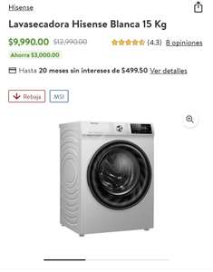 Walmart - Lavasecadora Hisense 15kg color blanco ($8,885 pagando con Cashi)