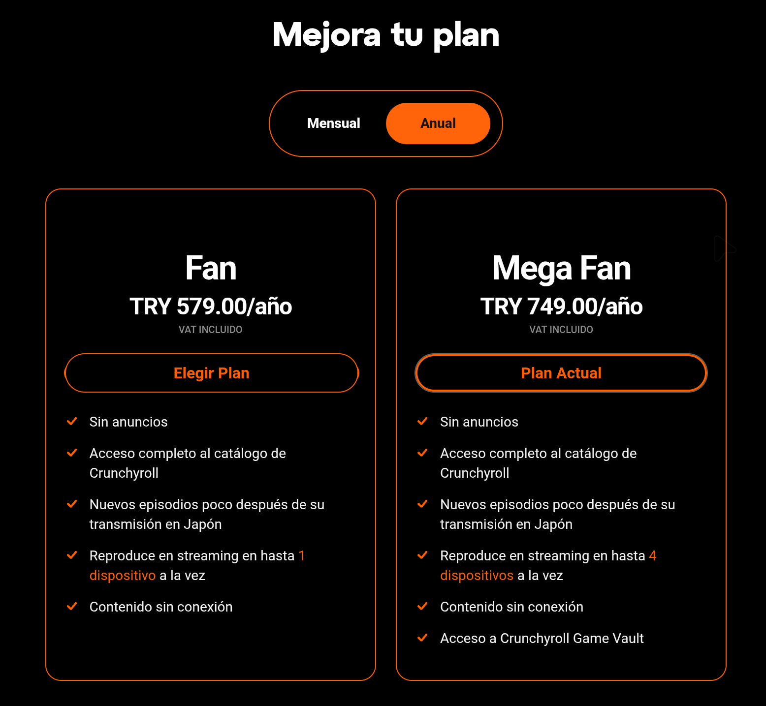 Crunchyroll Mega Fan plan anual Turquia