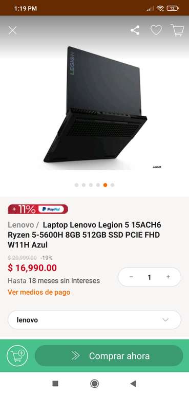 Linio: Laptop Lenovo legión 5600h ryzen 5 rtx 3050ti Paypal 11% + Banorte msi 15%