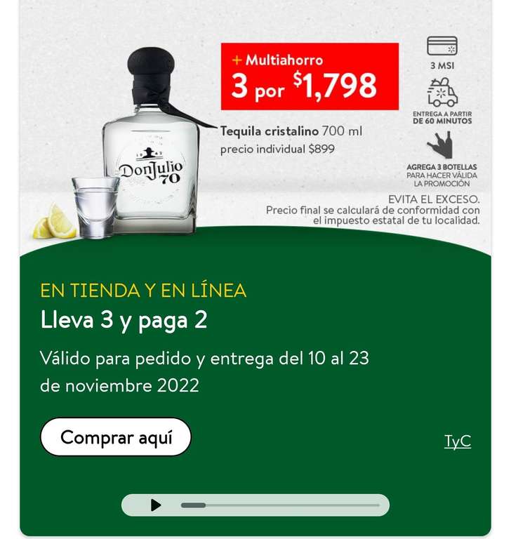 Walmart Express: Tequila Don Julio 70 700 ml 3 X 2 (C/U $600)