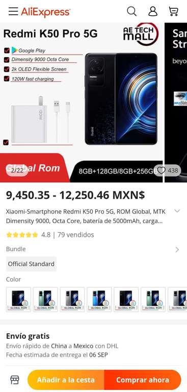 AliExpress: Product: Redmi K50 Pro 5G,Global ROM,8GB 128GB