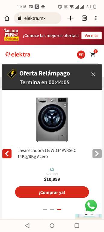 Elektra: Lavasecadora LG WD14VV3S6C 14Kg/8Kg Acero