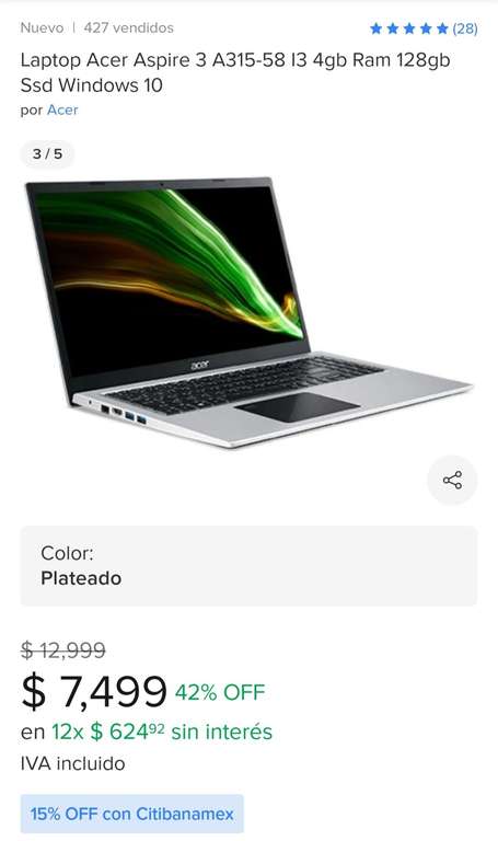 Mercado Libre: Laptop Acer Aspire 3 I3 4gb Ram 128gb SSD con citibanamex + cupón