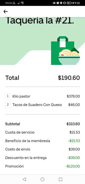 Uber Eats: Taqueria La 21, 1Kg Pastor y 2 Tacos de suadero por $190