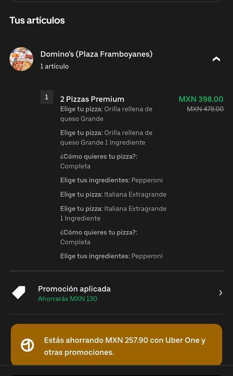 Uber eats: Domino's pizza, 2 Pizzas Premium (sin especialidad).