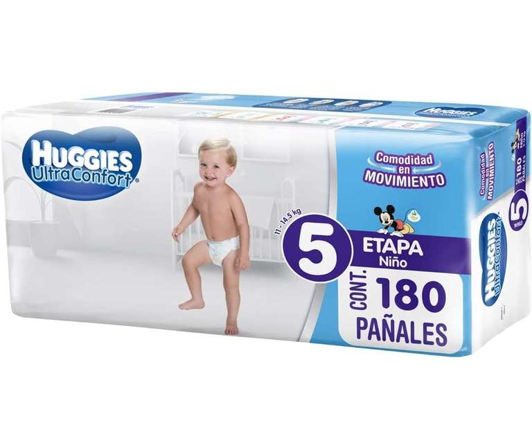 Amazon: Huggies UltraConfort Pañal Desechable para Bebé, Etapa 5 Niño, Paquete con 180 Piezas, Ideal para niñas de 11 a 14.5kg