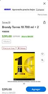 Walmart Super: Brandy Torres 10 700 ml + 2 vasos, - Veracruz, Boca del Río