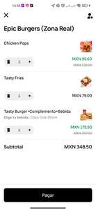 Uber Eats y Epic Buergers: Tasty burger+ complemento+ bebida