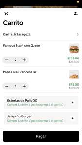 Uber Eats: Carls Jr 2 Famous Star y 2 Papas Grandes | Zaragoza Qro