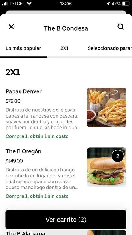 Uber Eats: "The B Condesa" Papas y Hamburguesa vegetariana al 2x1