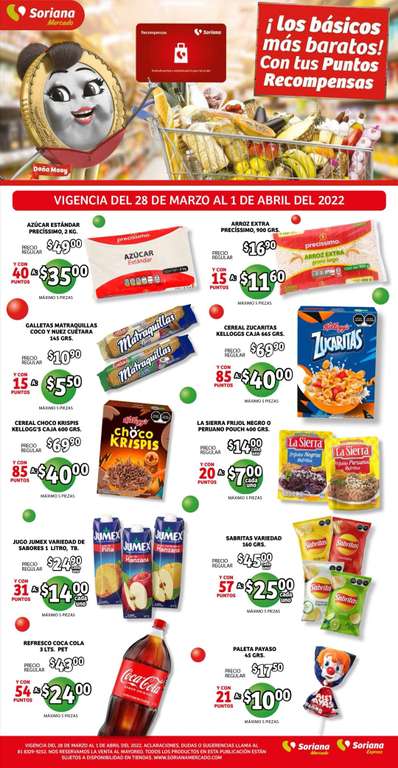 Soriana Mercado y Express: Volante "¡Los Básicos Más Baratos! Con Tus Puntos Recompensas" vigente del Lunes 28 Marzo al Viernes 1 de Abril