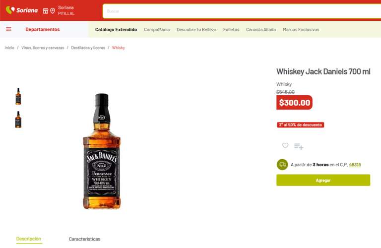 Soriana: 2 botellas de Whiskey Jack Daniels 700 ml por $450 ($225 c/u)