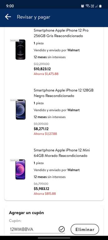 Walmart: Recopilación iPhone's 12 Reacondicionado. (Ejemplo 12 mini) Con BBVA